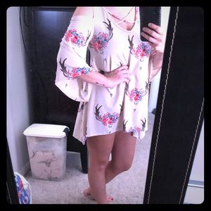 Boutique Cold-Shoulder Floral Cow Skull Dress